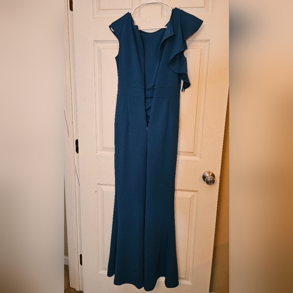 Woosea Sleeveless Mermaid Bodycon Gown Teal Blue Ruffle Slit - Picture 3 of 6